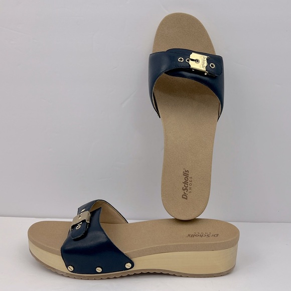 Dr Scholl’s SHOES, NAVY BLUE LEATHER TOP, ADJUSTABLE TOP STRAP, WOODEN SOLE, 9M - Picture 1 of 16